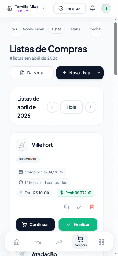 Página mobile de listas de compras com cards, status de cada lista e tabbar inferior